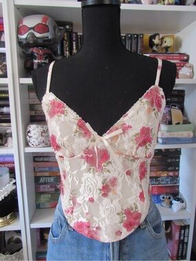Windsor Cream Floral Lace Corset Tank with Pink Roses